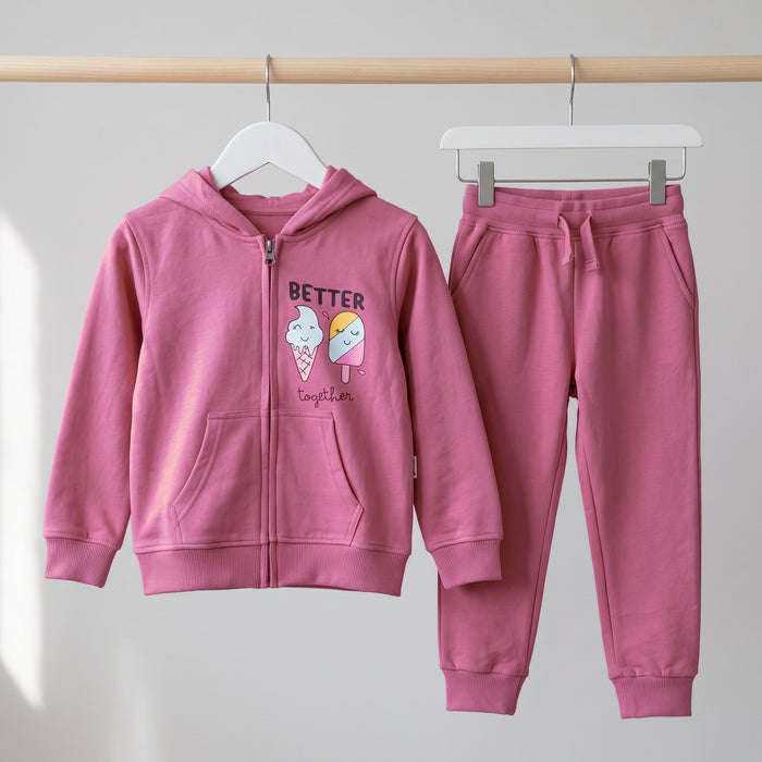 The rose Better Together cotton zip hoodie and matching joggers on hangers against a pale wall.