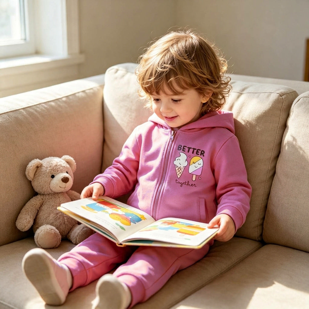 A young girl sitting on a sofa reading a picture book, in the rose Better Together cotton zip hoodie and jogger set. AI-generated image.