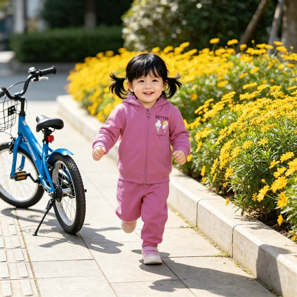 A young girl walking along a path beside a bicycle and yellow flowers, in the rose Better Together cotton zip hoodie and jogger set. AI-generated image.