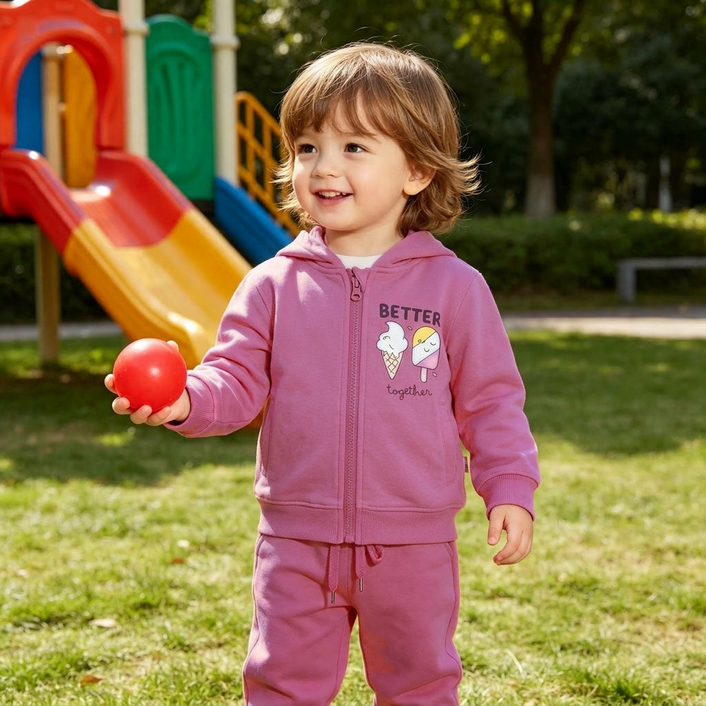 A young child holding a red ball on the grass beside a playground slide, in the rose Better Together cotton zip hoodie and jogger set. AI-generated image.