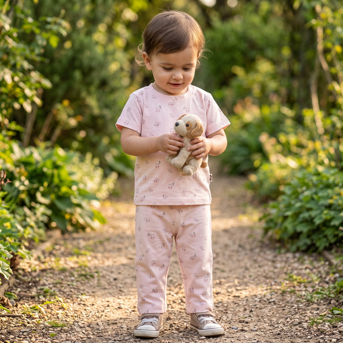 A two-year-old standing on a sunlit garden path holding a soft toy dog, wearing the blush pink puppy print t-shirt and matching trousers. AI-generated image.
