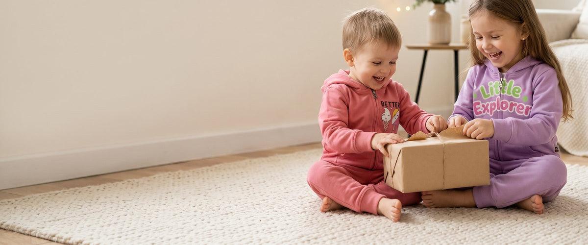 Two kids in hoodie and jogger sets opening a present