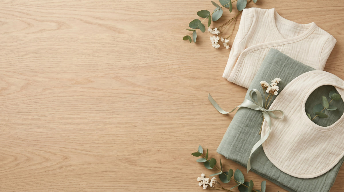Mulmul muslin baby gift set flat lay: wrap top, folded swaddle and bib on oak with eucalyptus