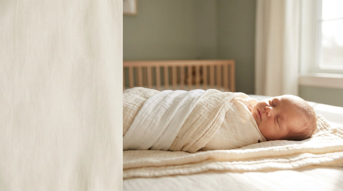 Newborn sleeping wrapped in a cream mulmul muslin swaddle on a bed in a sunlit nursery
