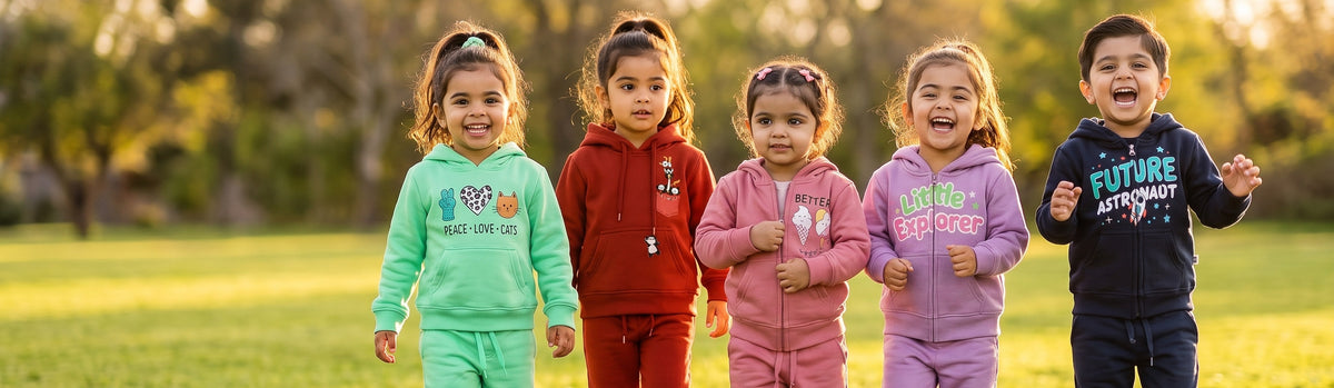 Five toddlers standing together on a sunlit park lawn, each in a matching MulmulBaby hoodie and jogger set in mint, red, rose, lavender and navy