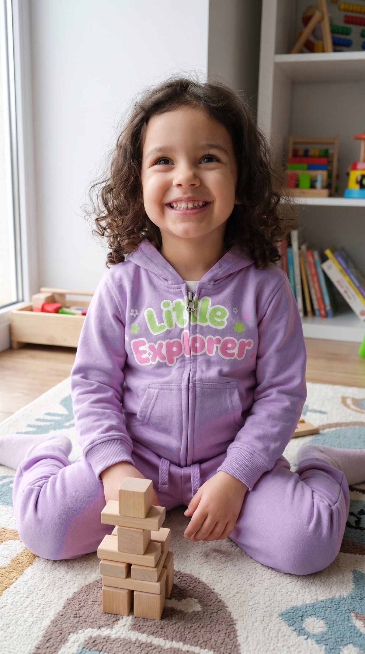 Child in the lavender zip hoodie and jogger set building a wooden block tower