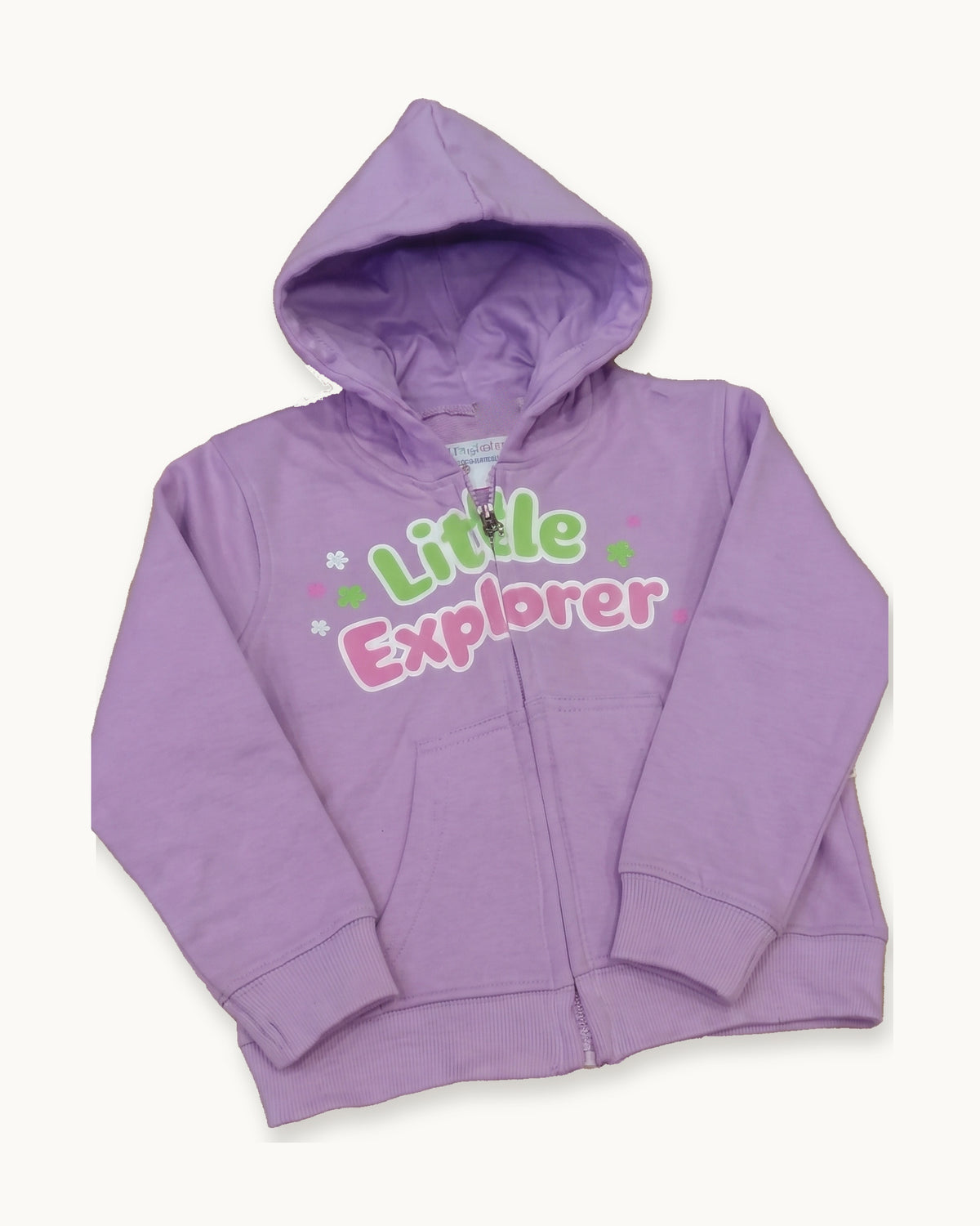 Lavender Little Explorer zip hoodie on its own, front view
