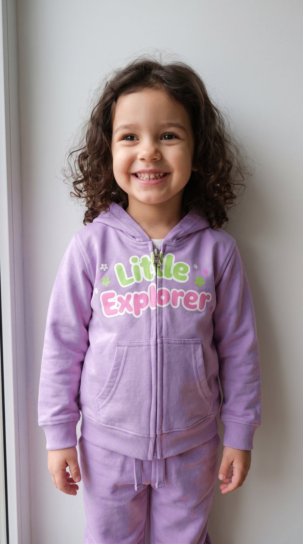 Child wearing the lavender zip hoodie and jogger set