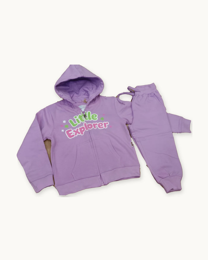 Lavender Little Explorer zip hoodie and matching joggers laid flat