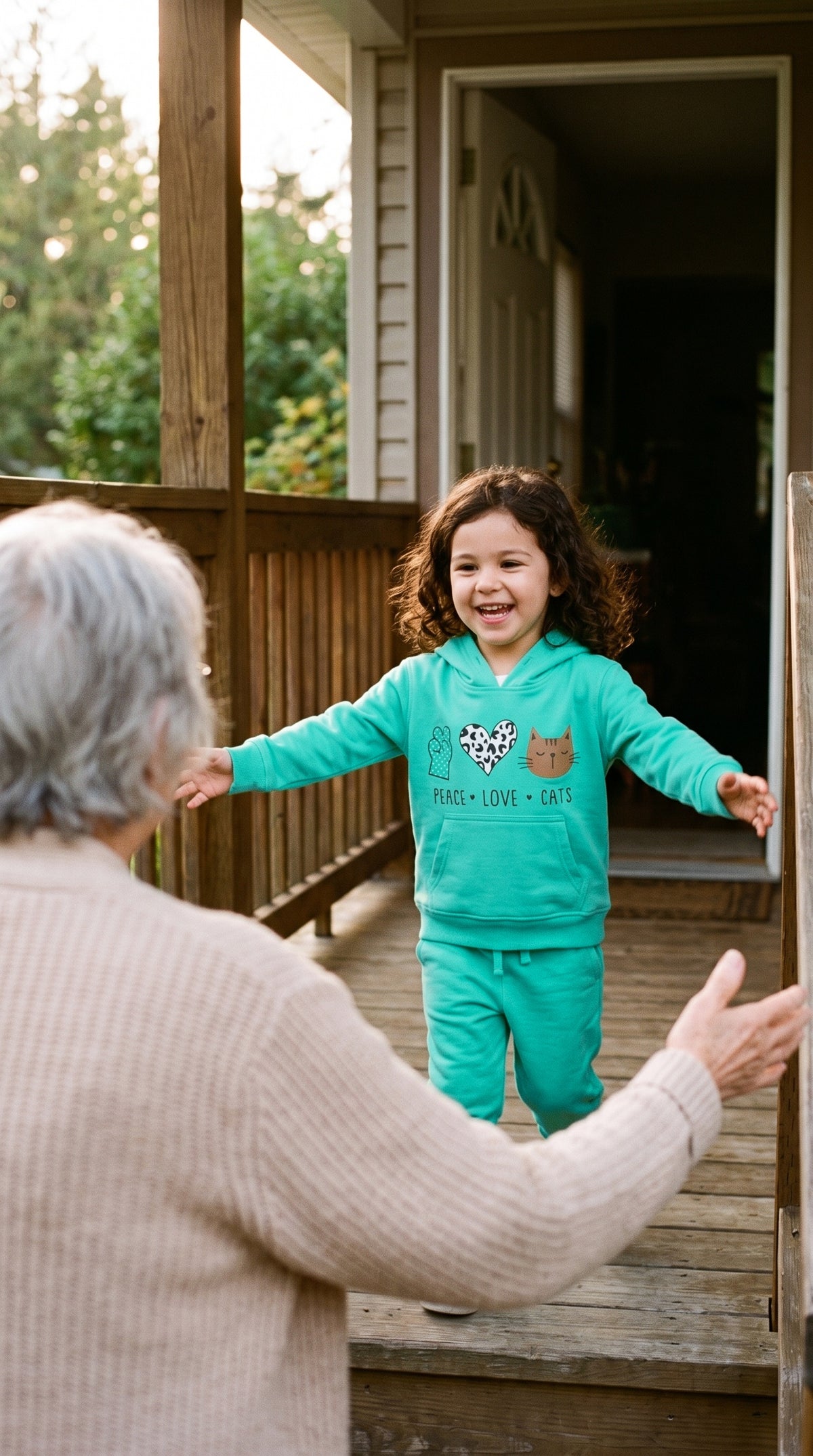 Child in the mint hoodie and jogger set running to a grandparent at the door