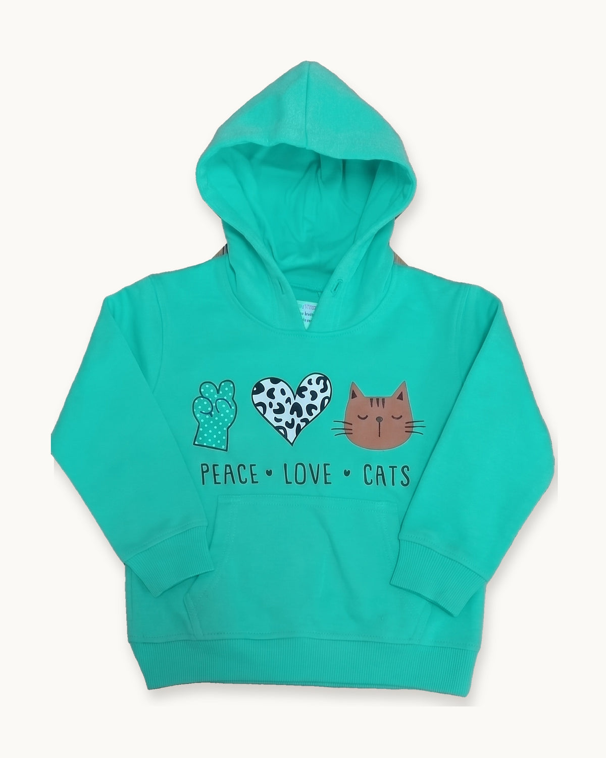 Mint Peace Love Cats hoodie on its own, front view