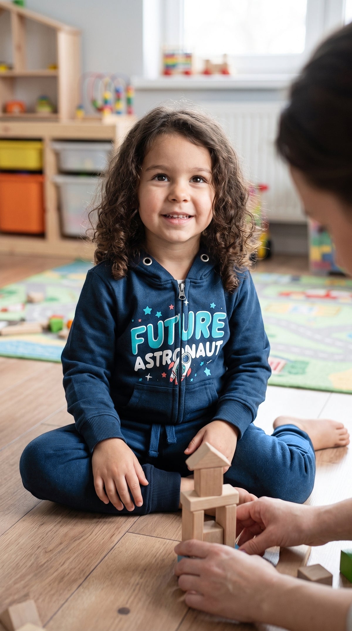 Child in the navy zip hoodie and jogger set building a wooden block tower