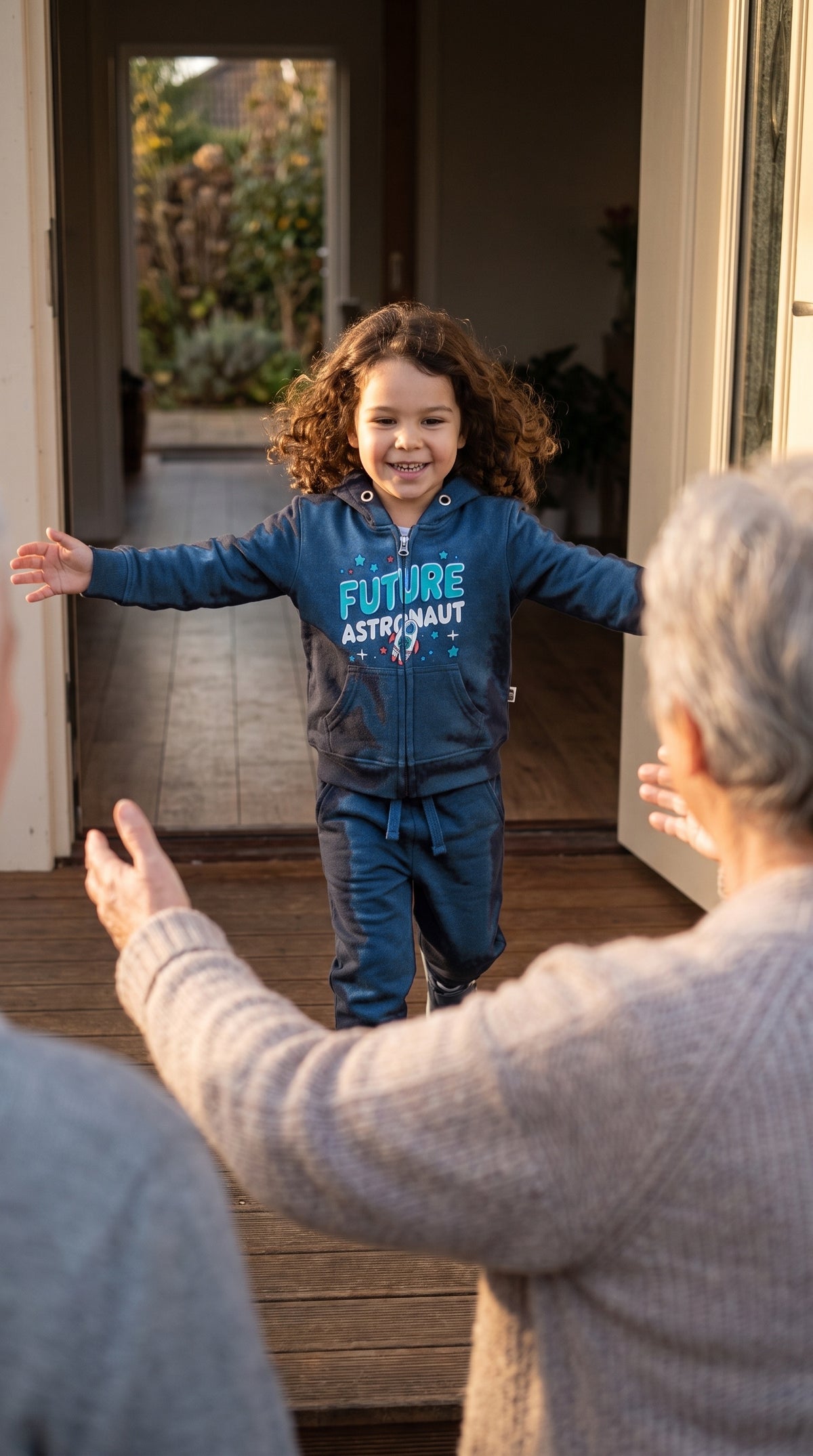 Child in the navy zip hoodie and jogger set running to a grandparent at the door