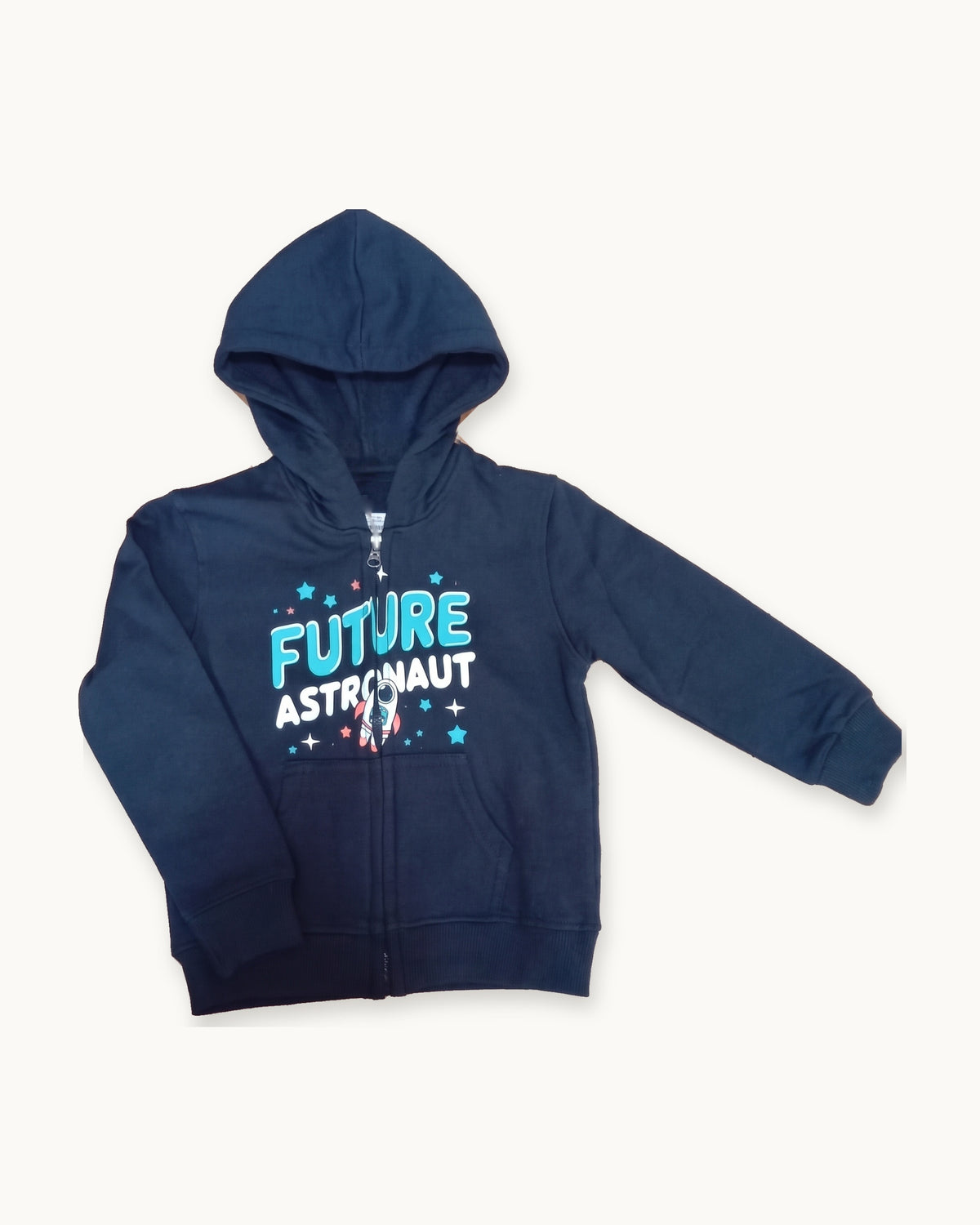Navy Future Astronaut zip hoodie on its own, front view