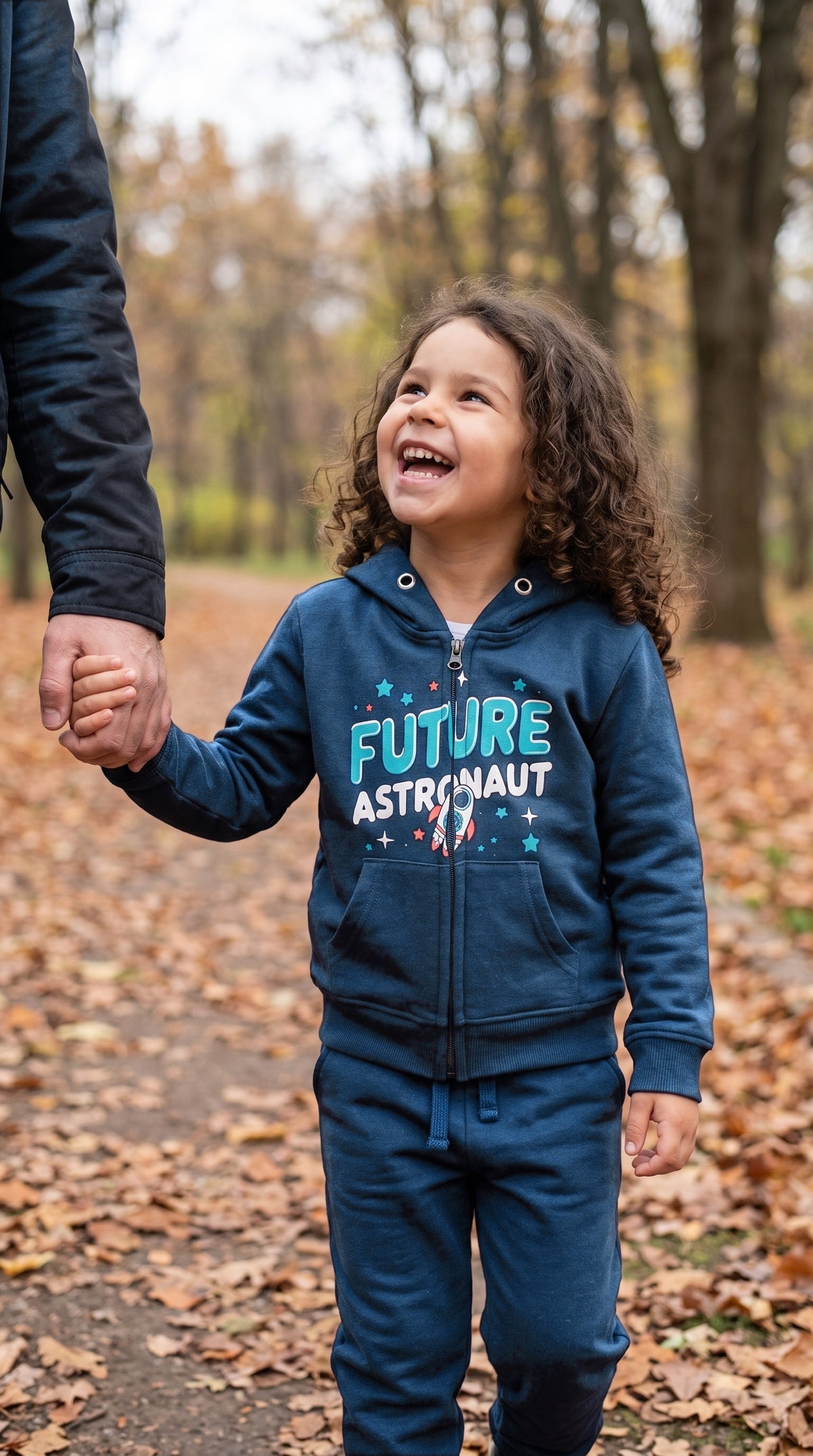 Child in the navy zip hoodie and jogger set walking in autumn leaves