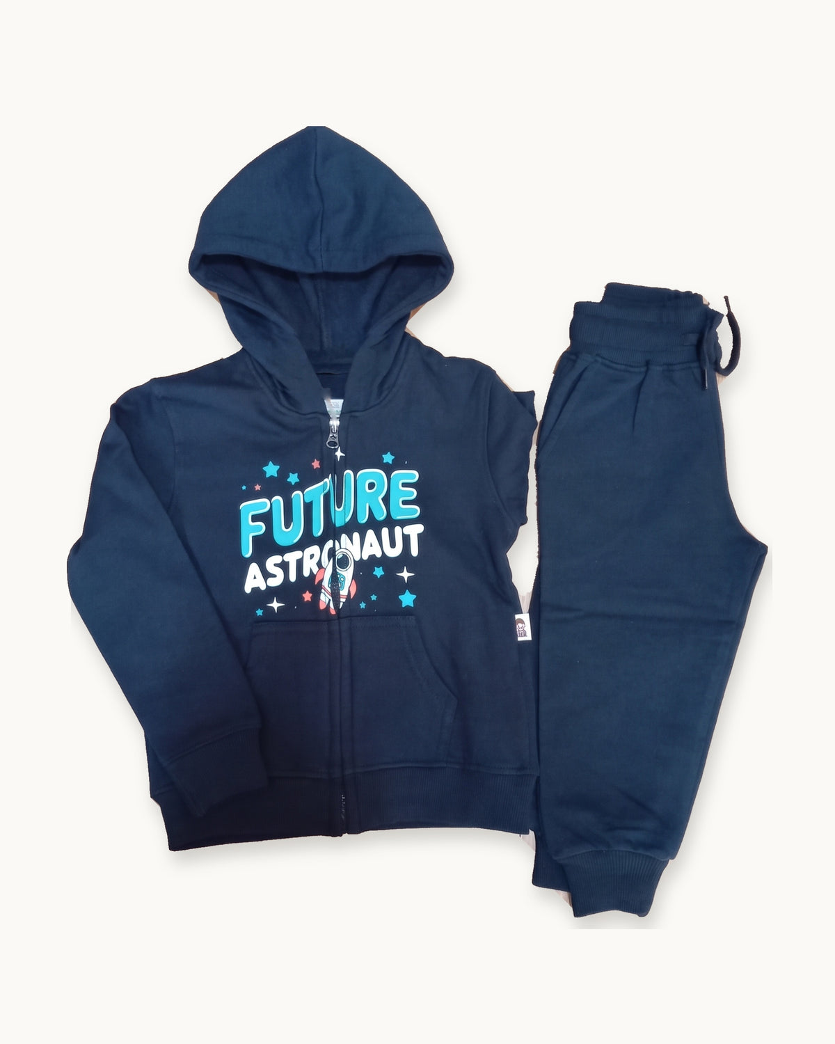 Navy Future Astronaut zip hoodie and matching joggers laid flat