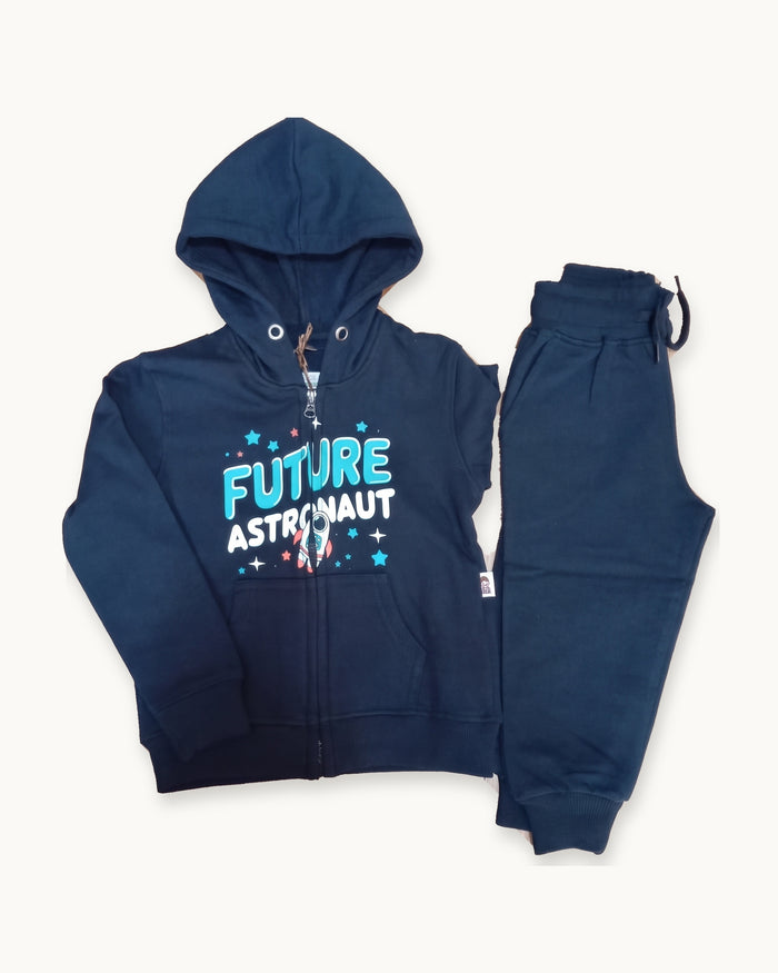 Navy Future Astronaut zip hoodie and matching joggers laid flat