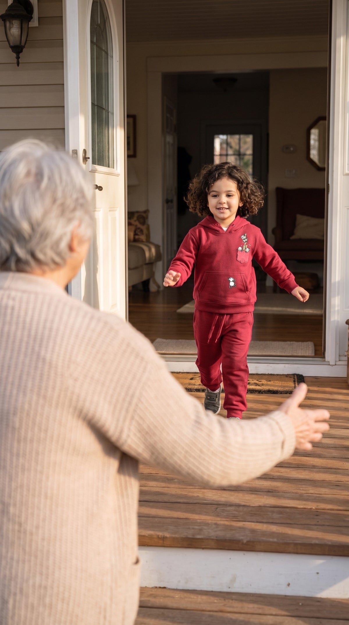 Child in the red hoodie and jogger set running to a grandparent at the door
