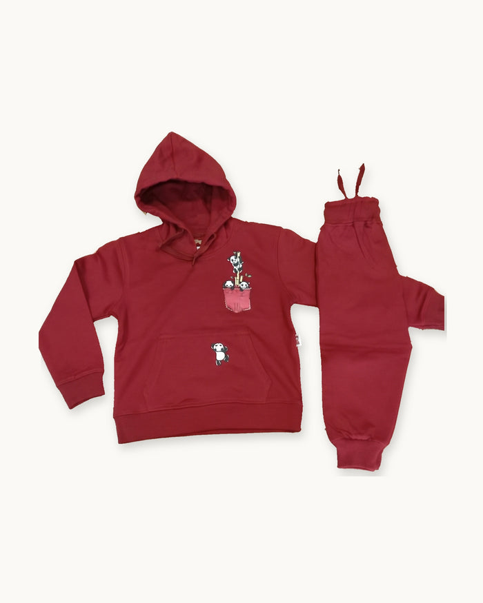 Red Panda Pocket hoodie and matching joggers laid flat