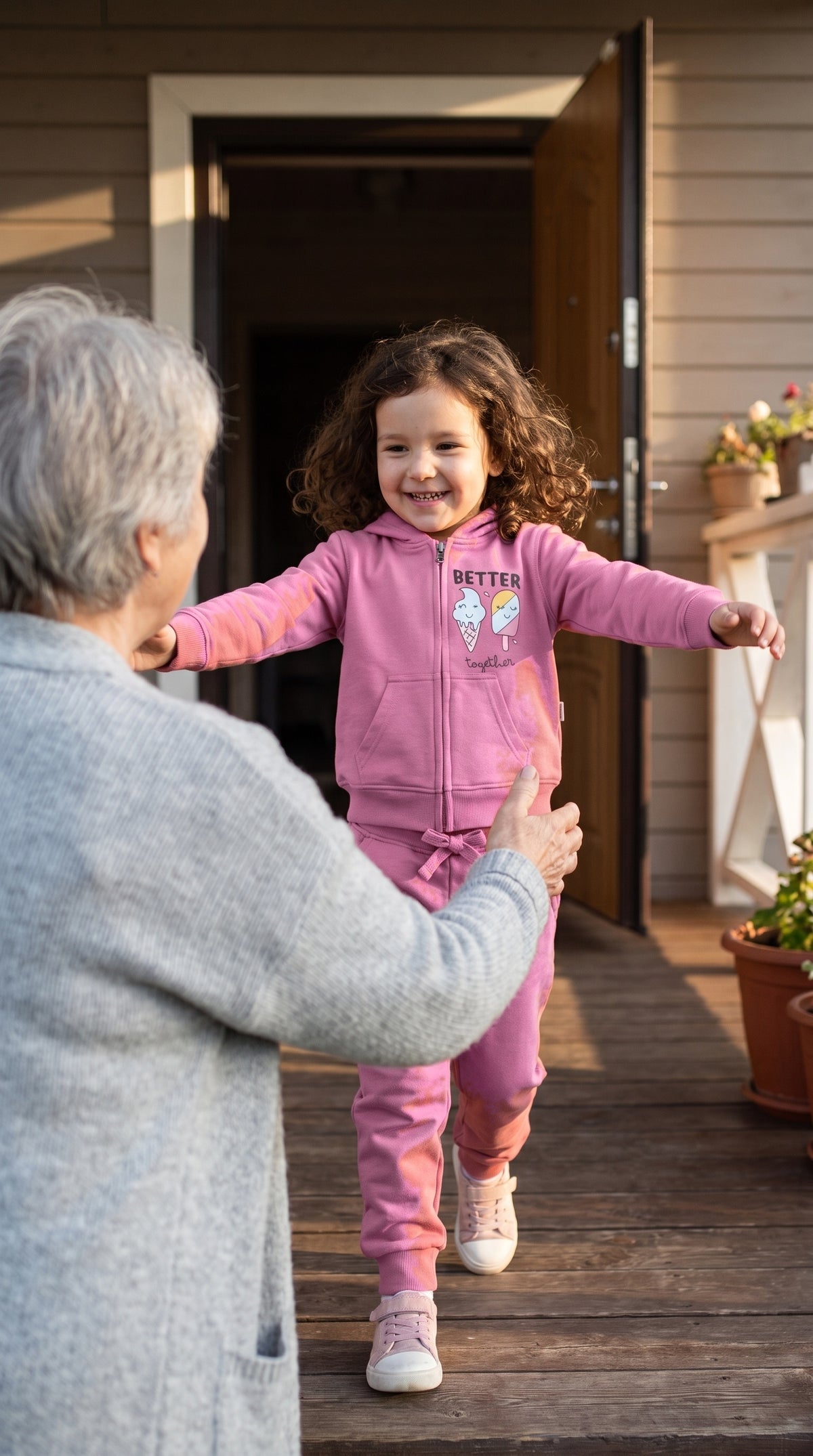 Child in the rose zip hoodie and jogger set running to a grandparent at the door