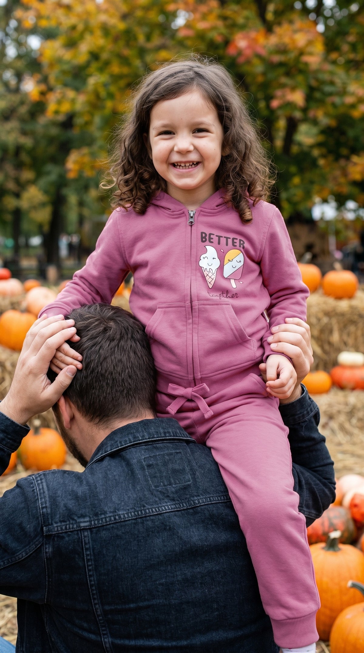 Child in the rose zip hoodie and jogger set on a parent's shoulders at a pumpkin patch