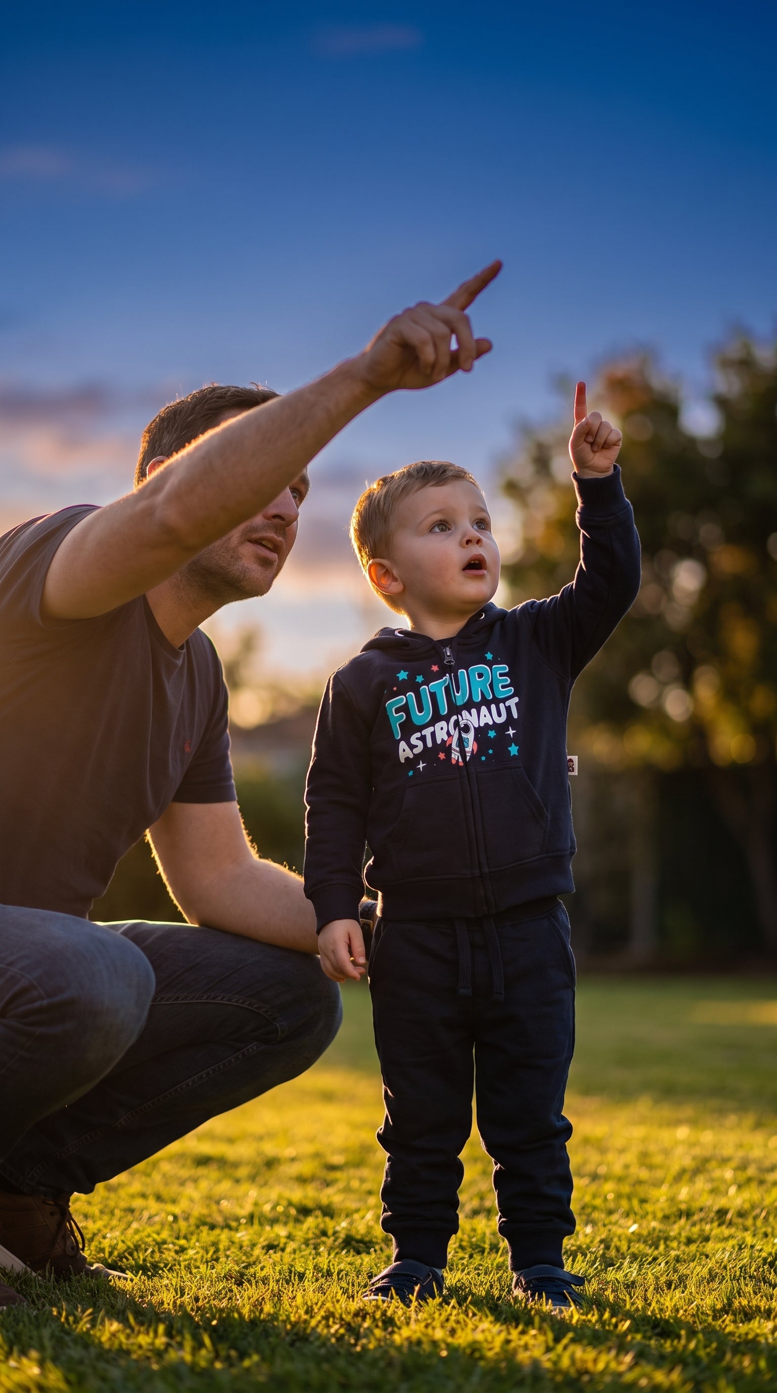 Father and son pointing at the evening sky, boy in the navy Future Astronaut hoodie set