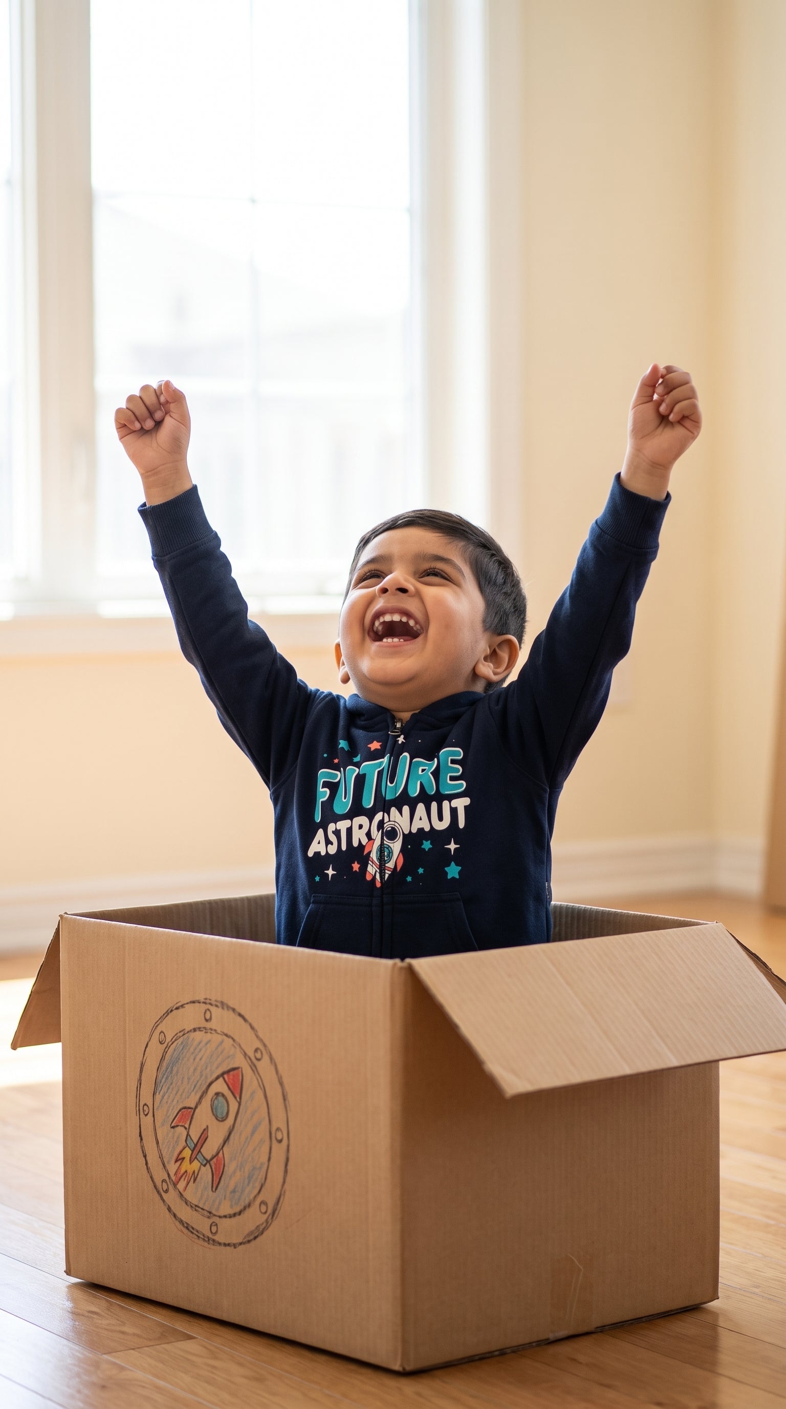 Boy playing rocket ship in a cardboard box, wearing the navy Future Astronaut hoodie set