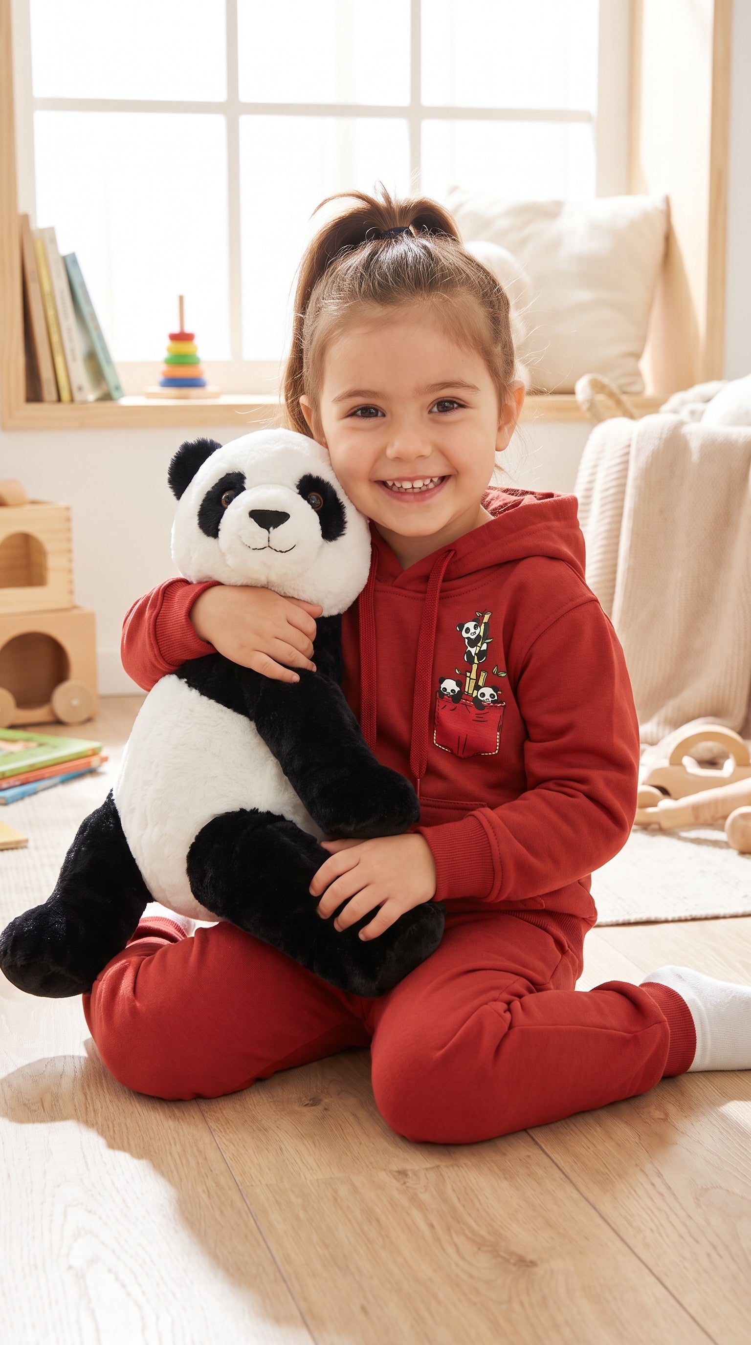 Toddler sitting with a plush panda, wearing the red panda pocket hoodie and jogger set