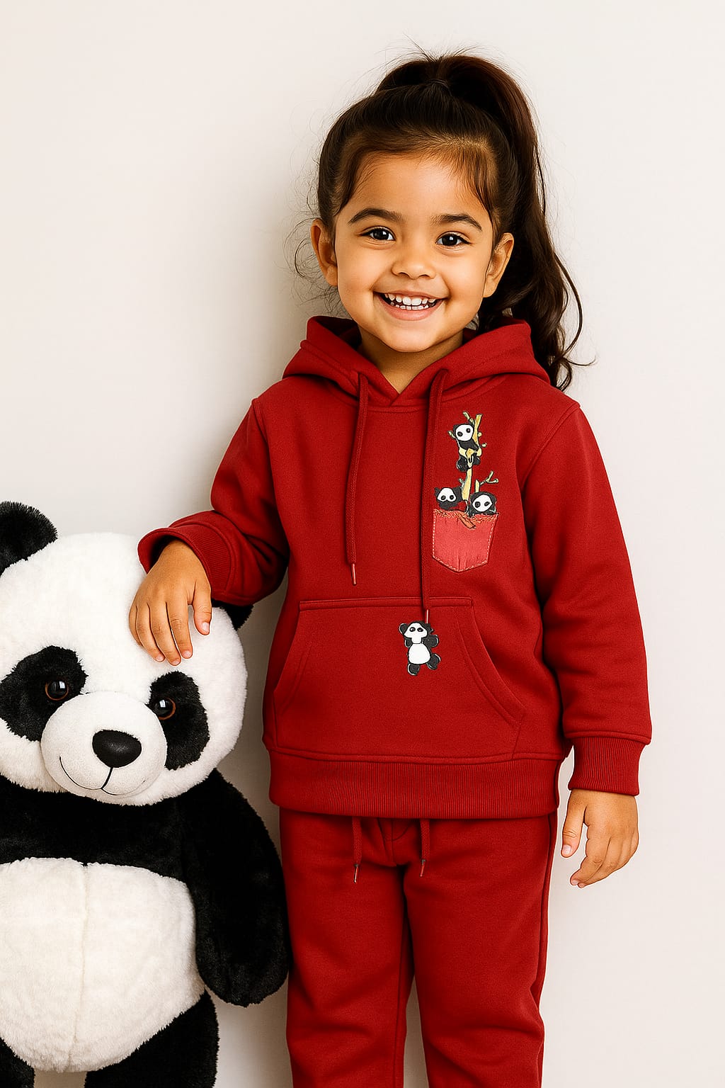 Toddler wearing the red panda pocket hoodie and jogger set