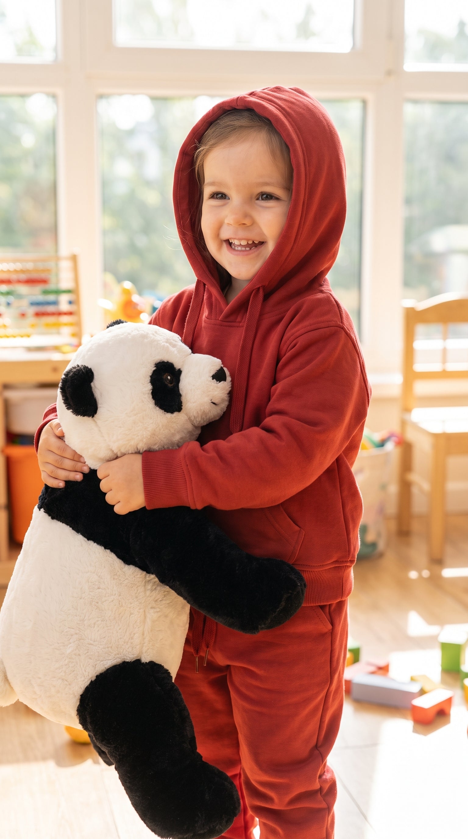 Toddler carrying a plush panda in the red hoodie set with the hood up