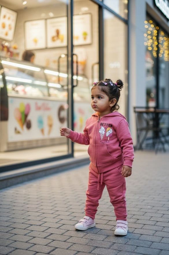 Toddler wearing the rose Better Together zip hoodie and jogger set outdoors