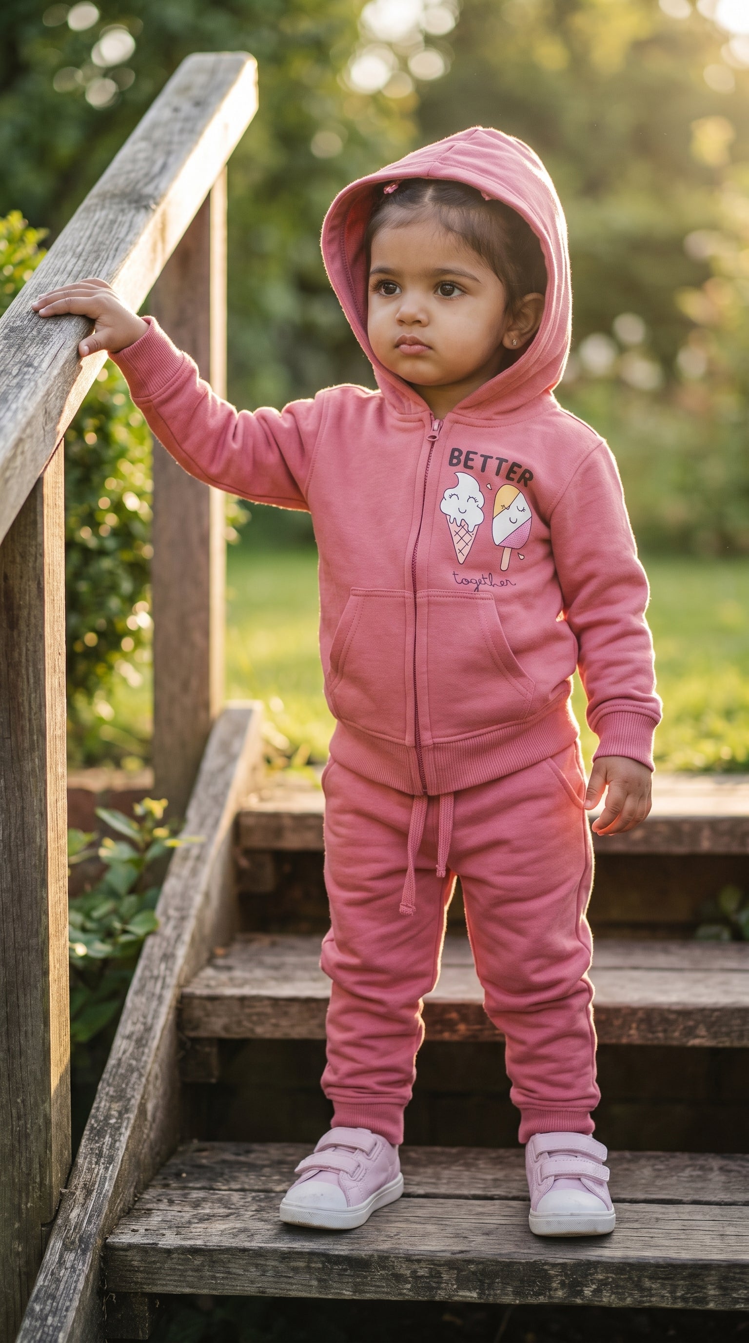Toddler on garden steps in the rose Better Together zip hoodie and jogger set, hood up