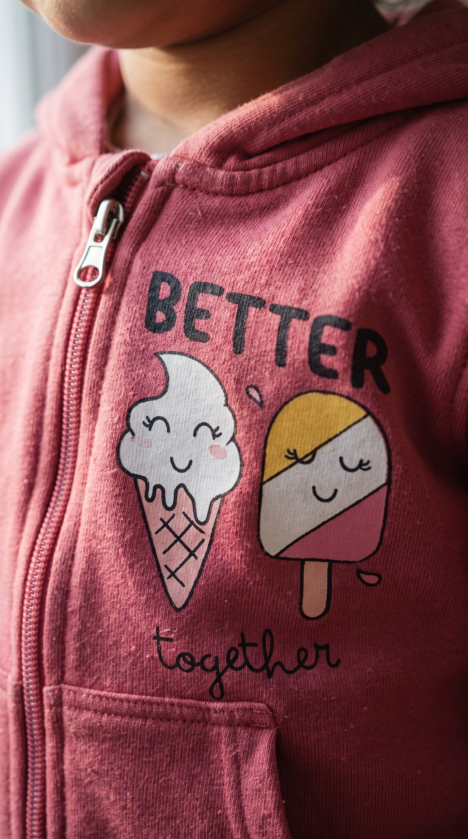 Close-up of the Better Together ice cream print and metal zip on the rose hoodie