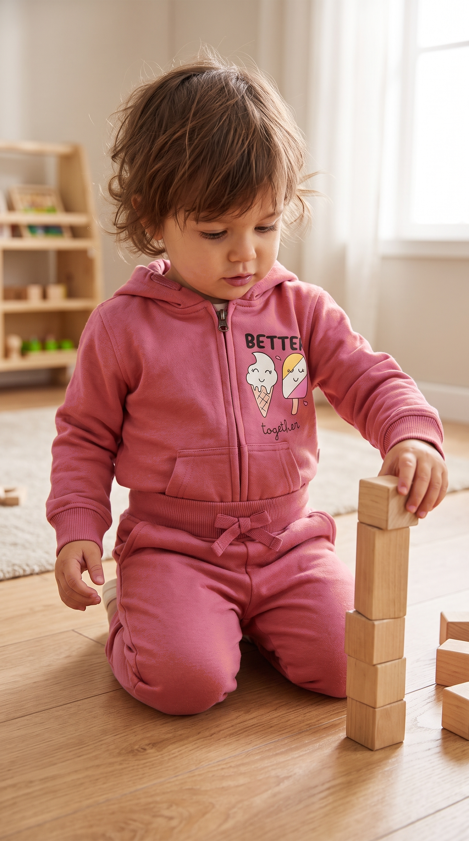 Toddler stacking wooden blocks in the rose zip hoodie and jogger set