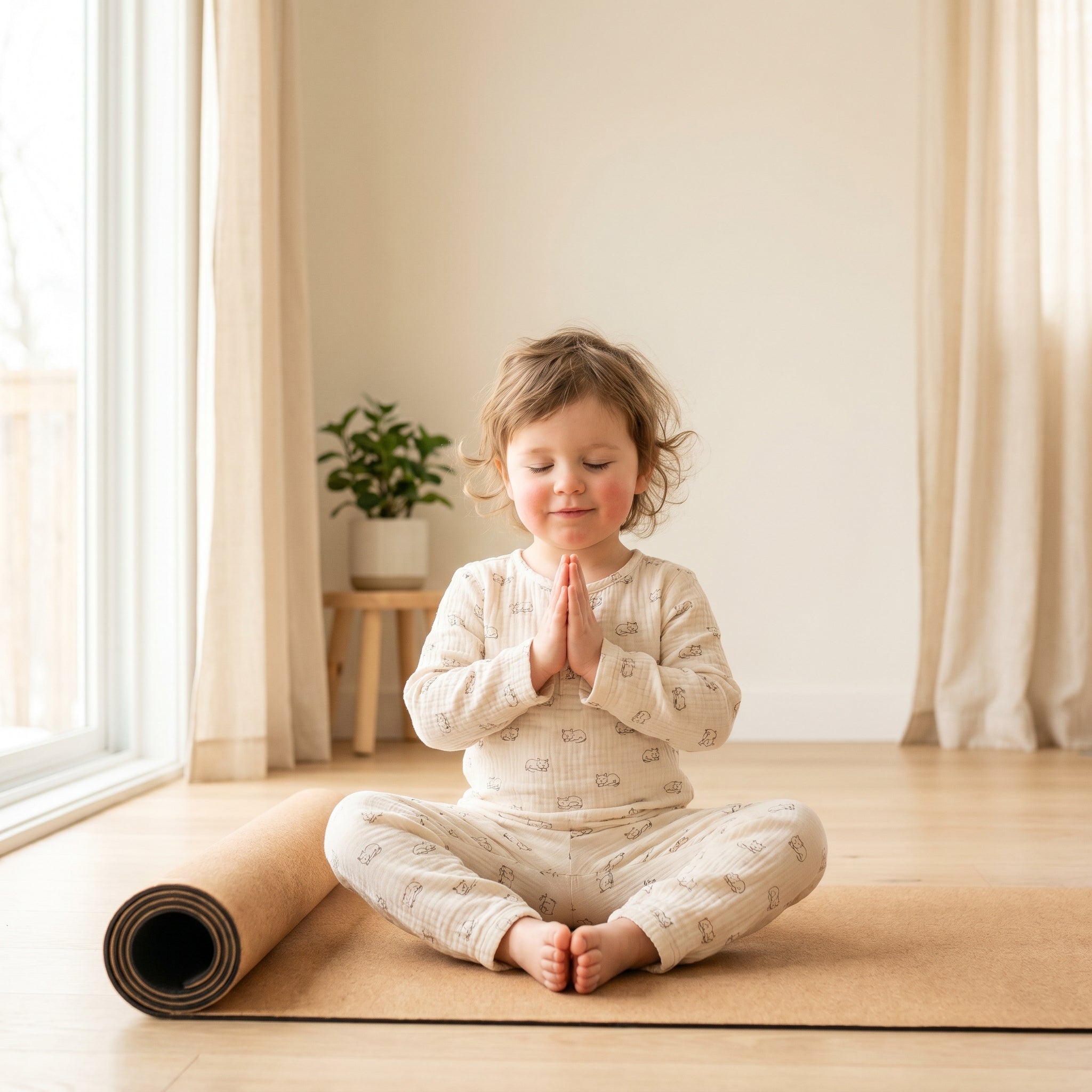 Toddler meditating in lotus pose wearing MulmulBaby organic muslin night suit with cat print