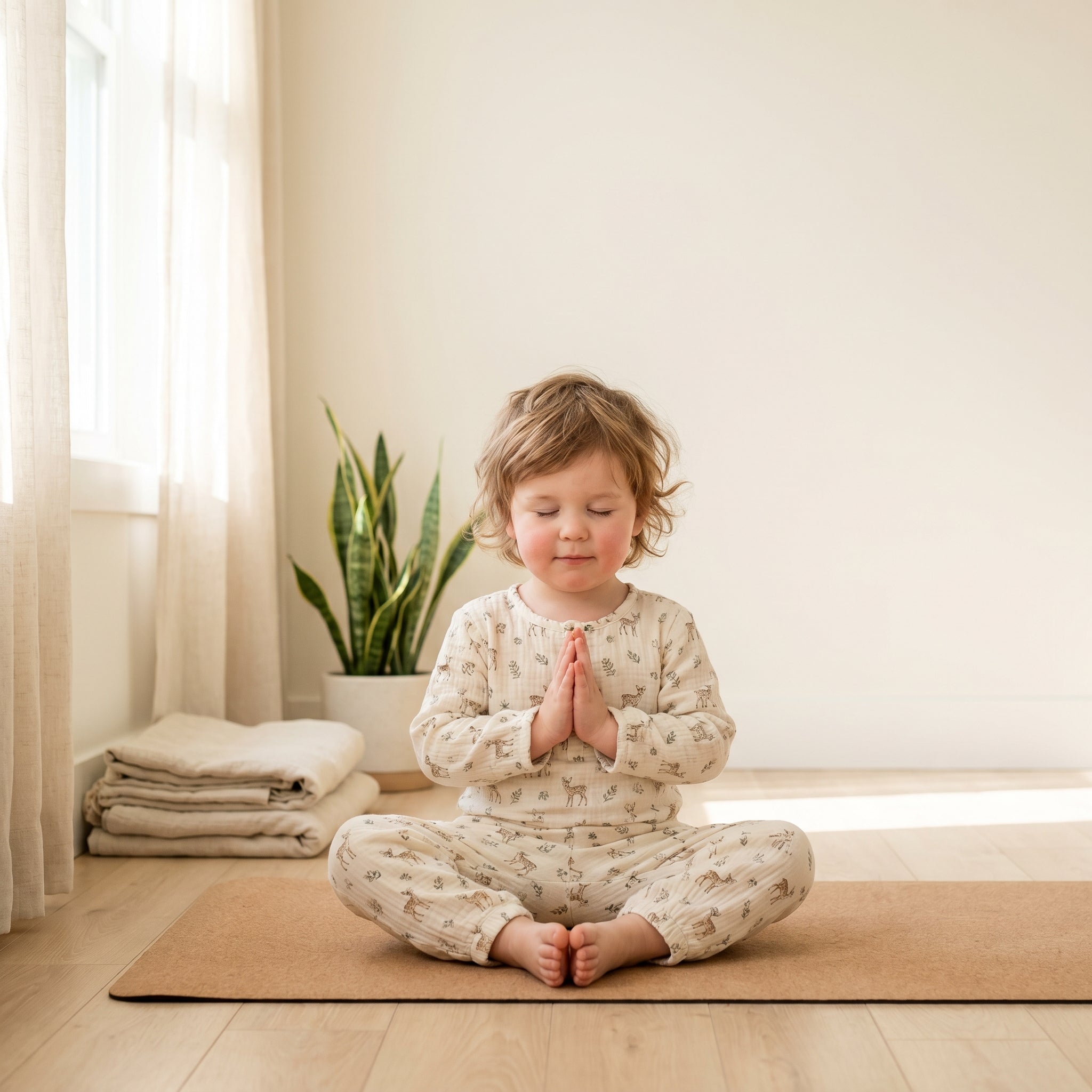 Toddler in lotus meditation pose wearing MulmulBaby organic muslin night suit with deer print