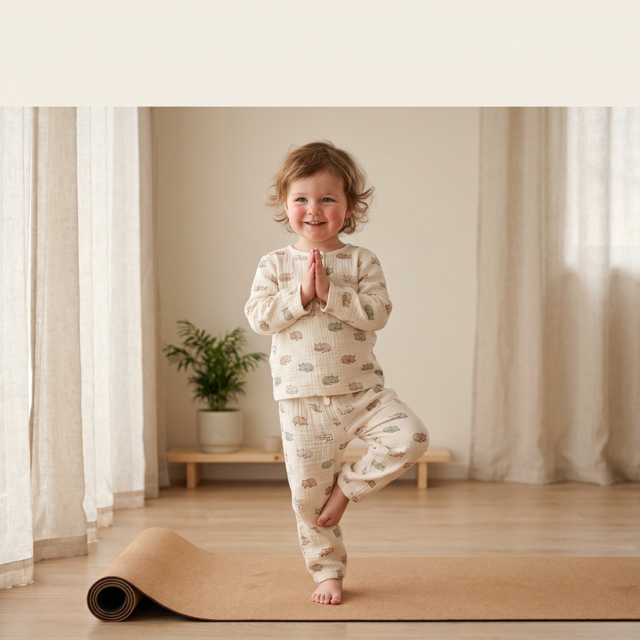 Toddler in MulmulBaby organic muslin night suit doing tree pose with namaste hands on a yoga mat — International Yoga Day